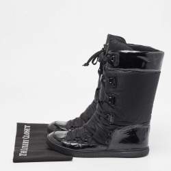 Pre Owned Fendi Black Nylon And Patent Midcalf Boots Size 38.5