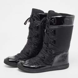 Pre Owned Fendi Black Nylon And Patent Midcalf Boots Size 38.5