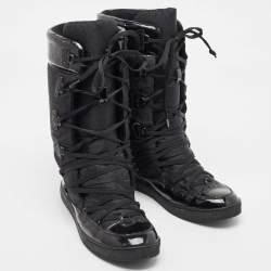 Pre Owned Fendi Black Nylon And Patent Midcalf Boots Size 38.5