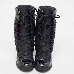 Pre Owned Fendi Black Nylon And Patent Midcalf Boots Size 38.5