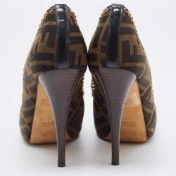Pre Owned Fendi Brown Zucca Canvas Chain Embellished Peep Toe Pumps Size 37