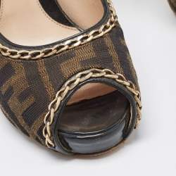 Pre Owned Fendi Brown Zucca Canvas Chain Embellished Peep Toe Pumps Size 37