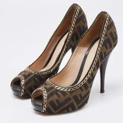 Pre Owned Fendi Brown Zucca Canvas Chain Embellished Peep Toe Pumps Size 37