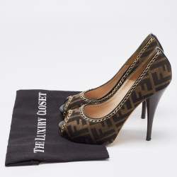 Pre Owned Fendi Brown Zucca Canvas Chain Embellished Peep Toe Pumps Size 37