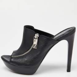 Pre Owned Fendi Black Leather Zipped Heel Mule Size 39.5 
