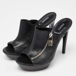 Pre Owned Fendi Black Leather Zipped Heel Mule Size 39.5 