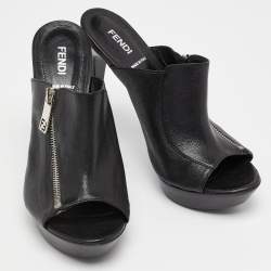 Pre Owned Fendi Black Leather Zipped Heel Mule Size 39.5 
