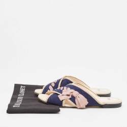 Fendi Navy Blue/ Pink Crisscross Fabric Bow Flat Slides Size 39