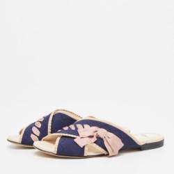 Fendi Navy Blue/ Pink Crisscross Fabric Bow Flat Slides Size 39