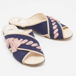 Fendi Navy Blue/ Pink Crisscross Fabric Bow Flat Slides Size 39