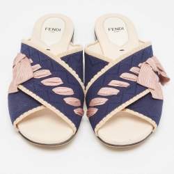 Fendi Navy Blue/ Pink Crisscross Fabric Bow Flat Slides Size 39