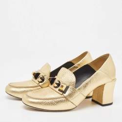 Pre Owned Fendi Gold textured Leather Geometric Stud Loafer Pumps Size 38.5