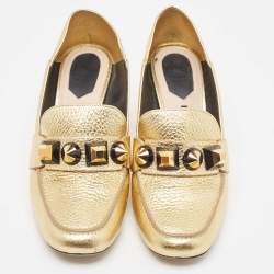 Pre Owned Fendi Gold textured Leather Geometric Stud Loafer Pumps Size 38.5