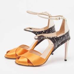 Fendi Multicolor Satin And Python Embossed Leather Criss Cross Ankle Strap Sandals Size 37