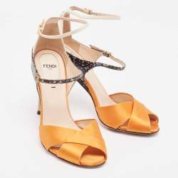 Fendi Multicolor Satin And Python Embossed Leather Criss Cross Ankle Strap Sandals Size 37