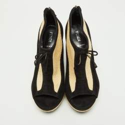 Pre Owned Fendi Black/Beige Suede and Raffia Wedge Peep Toe Booties Size 37