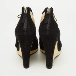 Pre Owned Fendi Black/Beige Suede and Raffia Wedge Peep Toe Booties Size 37