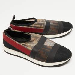 Pre Owned Fendi Tricolor Zucca Mesh and Leather Slip On Sneakers Size 38.5