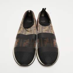 Pre Owned Fendi Tricolor Zucca Mesh and Leather Slip On Sneakers Size 38.5