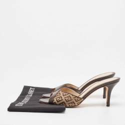 Fendi Brown Leather and Zucca Canvas Mules Size 37