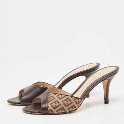 Fendi Brown Leather and Zucca Canvas Mules Size 37