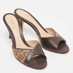 Fendi Brown Leather and Zucca Canvas Mules Size 37