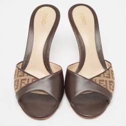 Fendi Brown Leather and Zucca Canvas Mules Size 37