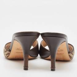Fendi Brown Leather and Zucca Canvas Mules Size 37