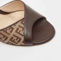 Fendi Brown Leather and Zucca Canvas Mules Size 37
