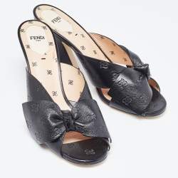 Pre Owned Fendi Black Leather Bow FF Karligraphy Slide Sandals Size 41