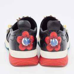 Pre Owned Fendi Black Leather Flowerland Embellished Slip On Sneakers Size 35