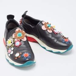 Pre Owned Fendi Black Leather Flowerland Embellished Slip On Sneakers Size 35