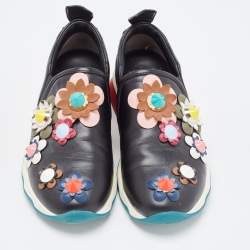 Pre Owned Fendi Black Leather Flowerland Embellished Slip On Sneakers Size 35