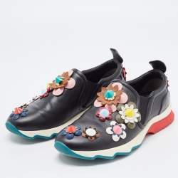 Pre Owned Fendi Black Leather Flowerland Embellished Slip On Sneakers Size 35