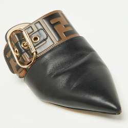 Fendi Black/Tobacco Zucca Leather Flat Mule Sandals Size 37