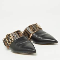 Fendi Black/Tobacco Zucca Leather Flat Mule Sandals Size 37
