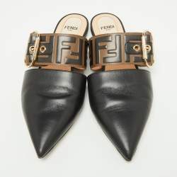 Fendi Black/Tobacco Zucca Leather Flat Mule Sandals Size 37