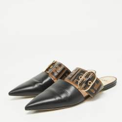 Fendi Black/Tobacco Zucca Leather Flat Mule Sandals Size 37