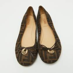 Pre Owned Fendi Tobacco Zucca Canvas Logo Bow Ballet Flats Size 38