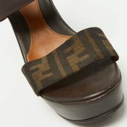 Pre Owned Fendi Brown Zucca Canvas and Leather Ankle Strap Wedge Sandals Size 39