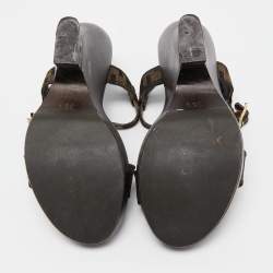 Pre Owned Fendi Brown Canvas FF Block Heel Sandals Size 36.5
