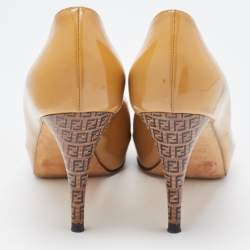 Fendi Beige Patent Leather Zucca Heel Peep Toe Pumps Size 37