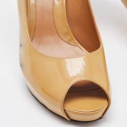 Fendi Beige Patent Leather Zucca Heel Peep Toe Pumps Size 37