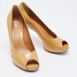 Fendi Beige Patent Leather Zucca Heel Peep Toe Pumps Size 37