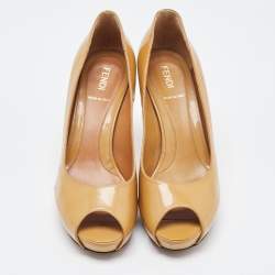 Fendi Beige Patent Leather Zucca Heel Peep Toe Pumps Size 37