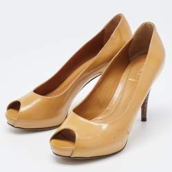 Fendi Beige Patent Leather Zucca Heel Peep Toe Pumps Size 37