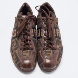 Pre Owned Fendi Brown Zucca Canvas and Leather Low Top Sneakers Size 37