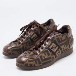 Pre Owned Fendi Brown Zucca Canvas and Leather Low Top Sneakers Size 37