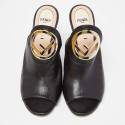 Pre Owned Fendi Black Leather Open Toe Mules Size 38