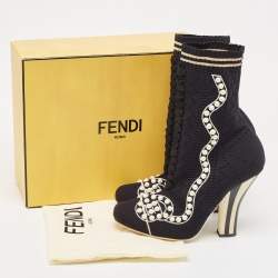 Pre Owned Fendi Black Knit Fabric Pearl Embellished Sock Ankle Boots Size 39
